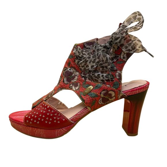 Laura Vita Women’s Red Floral Pattern Leather Open Toe Bow Accent Heels Size 10 - Picture 4 of 11